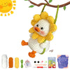 A beginner crochet kit featuring a yellow sun, a white chick, and various yarn and tools for animal crafts.