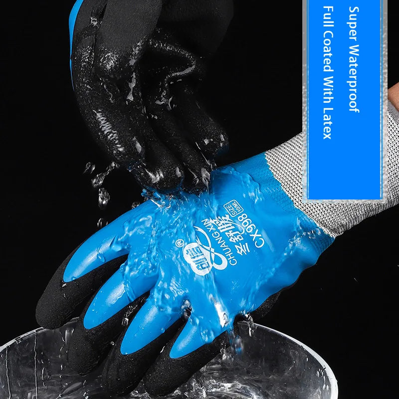 A hand wearing blue waterproof thermal work gloves is dipping into water, demonstrating the grip and waterproofing of the glo