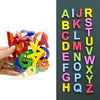 A collection of colorful magnetic alphabet letters arranged in a vertical display.