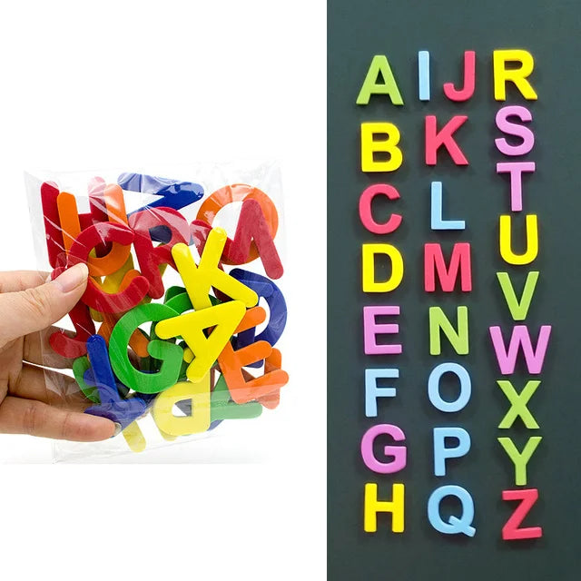 A collection of colorful magnetic alphabet letters arranged in a vertical display.