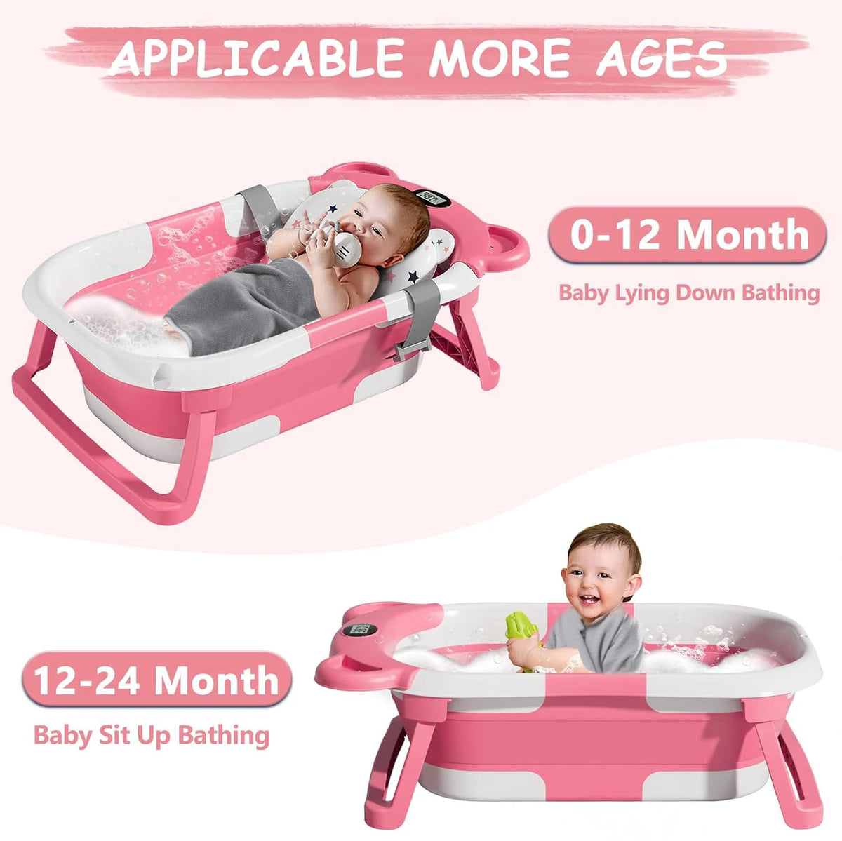 Collapsible Baby Bathtub with Thermometer and Floating Cushion