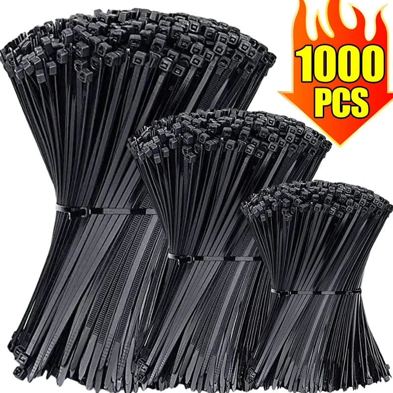 A bundle of 1000 black nylon self-locking cable ties shown in a vertical arrangement.