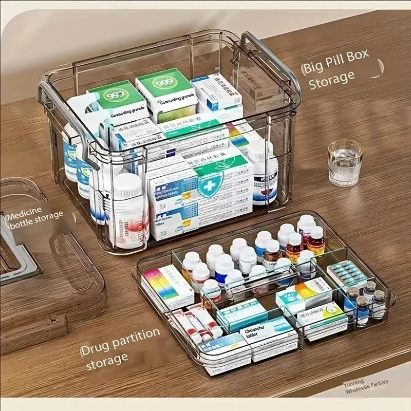 A transparent plastic first aid storage box with a handle is shown alongside various medicine bottles and pill boxes on a woo