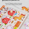 A wooden puzzle board showing English names and pictures of a house, horse, raft, and sheep for cognitive development.