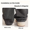 Before and after images showing invisible pant hem clips used to keep trousers off the floor.