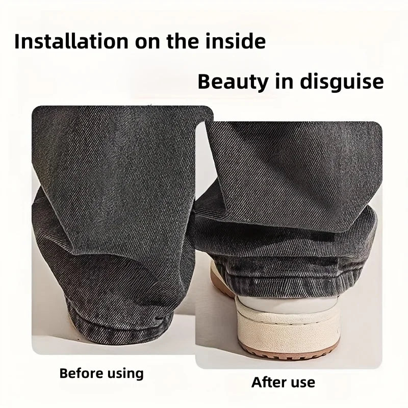 Before and after images showing invisible pant hem clips used to keep trousers off the floor.