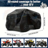 Black heavy-duty cover for an ATV, showing its dimensions and protective features.