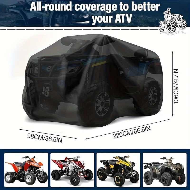 Black heavy-duty cover for an ATV, showing its dimensions and protective features.