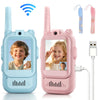 A pink kids video walkie talkie with an HD camera and a light blue version, shown next to a charging cable.