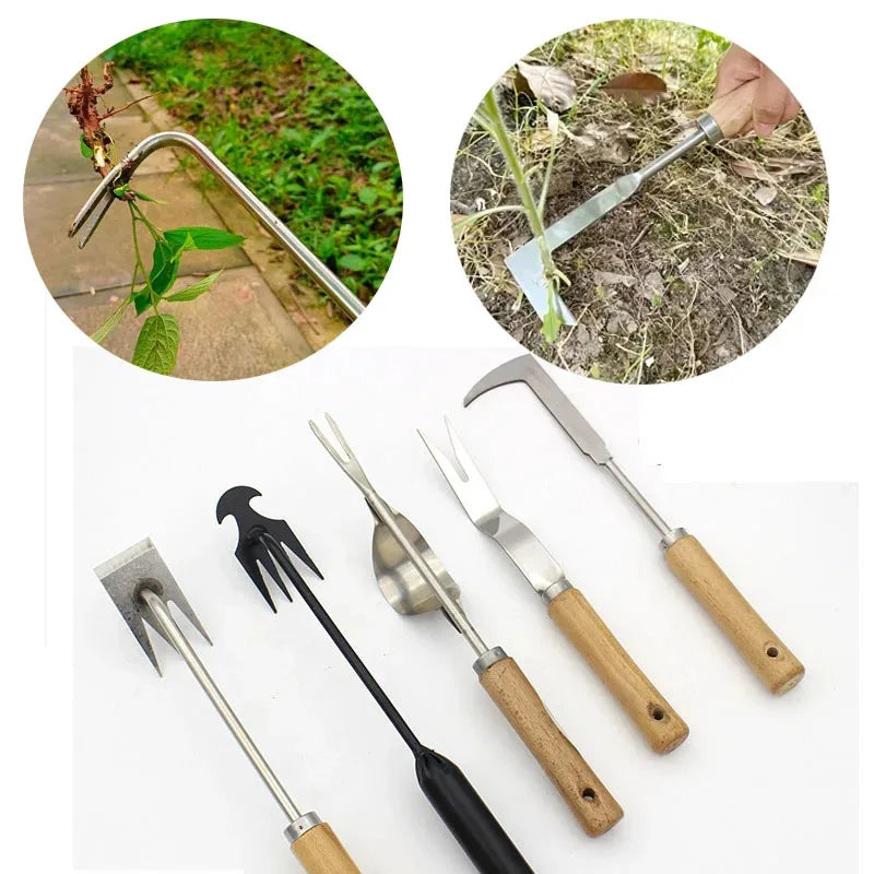 A set of carbon steel manual weeding tools including a sickle, weeder, and hand shovel shown in various contexts.