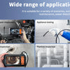 An industrial endoscope inspection camera is shown being used for various inspections including car repair, appliance testing