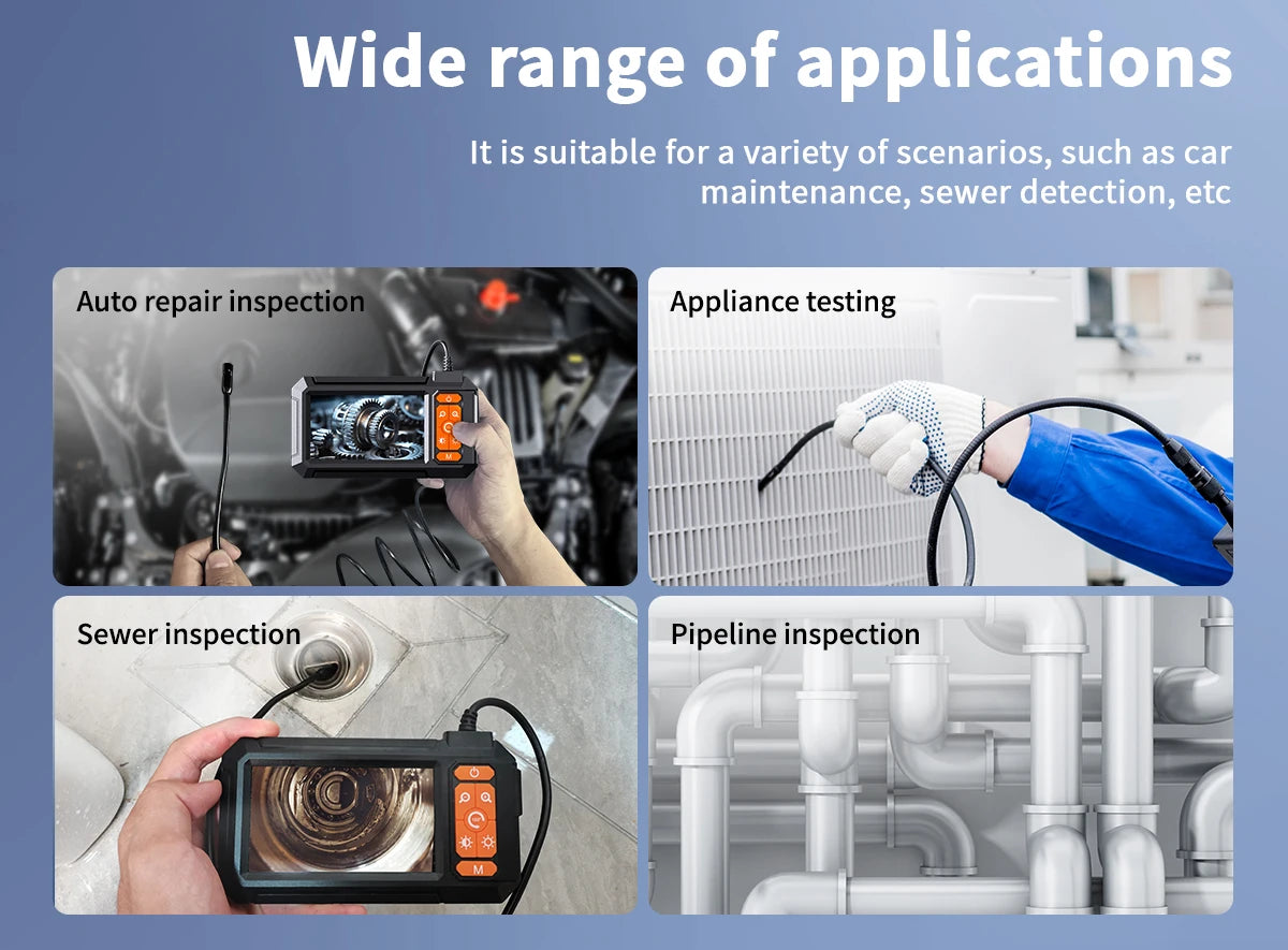 An industrial endoscope inspection camera is shown being used for various inspections including car repair, appliance testing