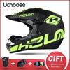 A black and neon yellow Uchoose helmet is shown with accessories like glasses, gloves, and a face mask offered as a gift.