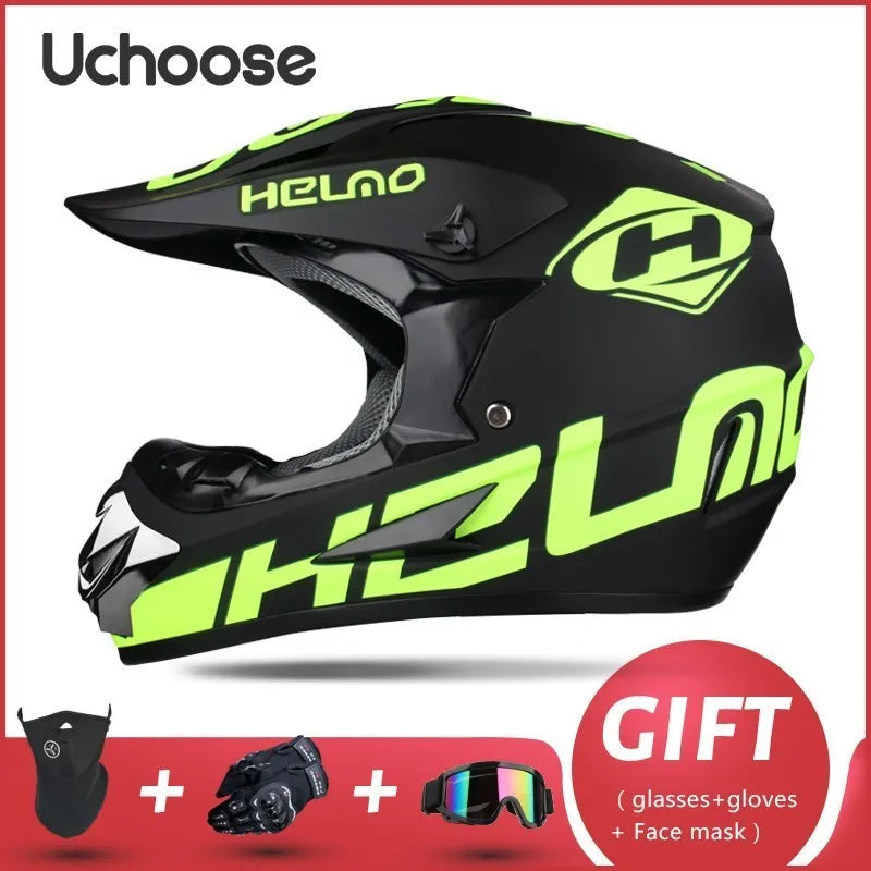 A black and neon yellow Uchoose helmet is shown with accessories like glasses, gloves, and a face mask offered as a gift.
