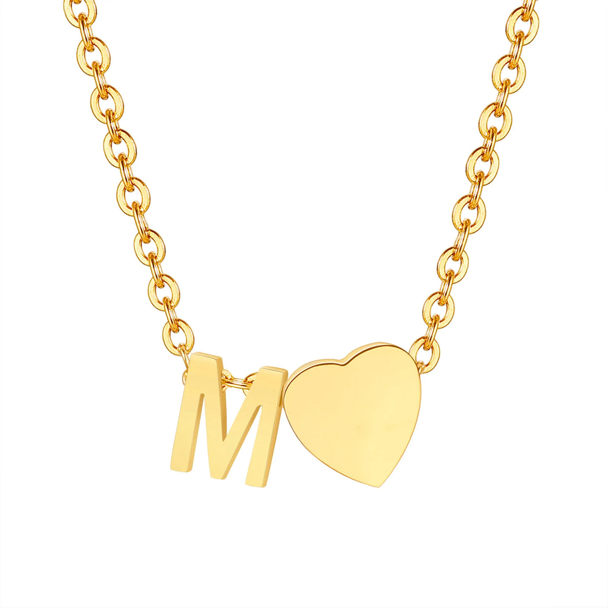 A delicate gold chain necklace featuring a heart-shaped initial M pendant.