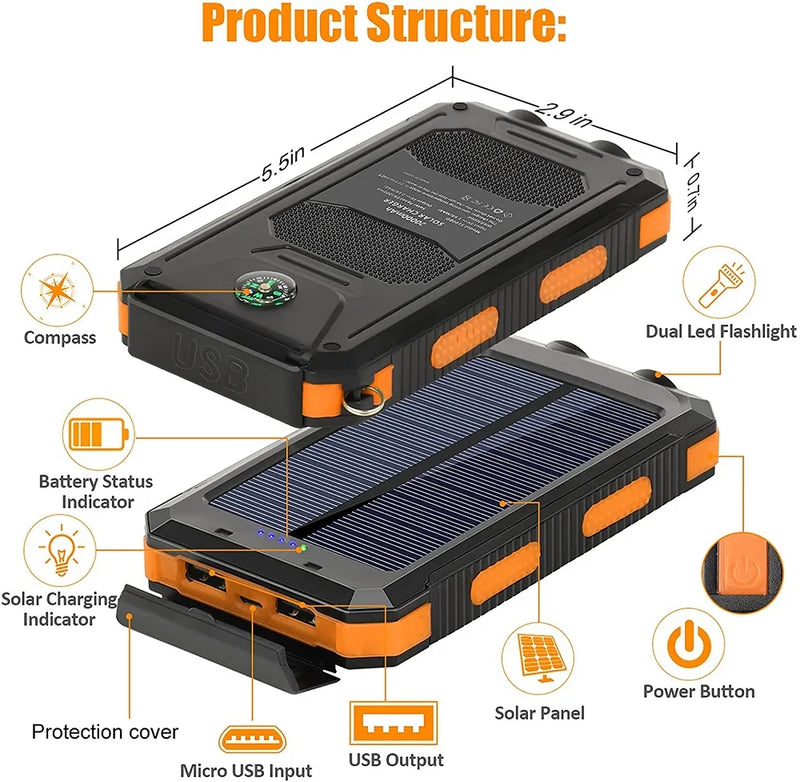 Solar Power Bank 80000mAh with LED Light and Compass