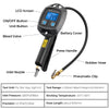 A digital tire pressure gauge device with an LCD screen, battery cover, press handle, and rubber hose for measuring air press