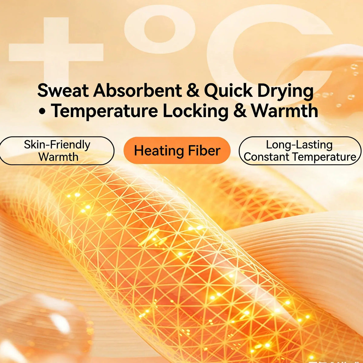 Close-up of an orange heating fiber fabric showing a honeycomb texture and glowing with warmth.