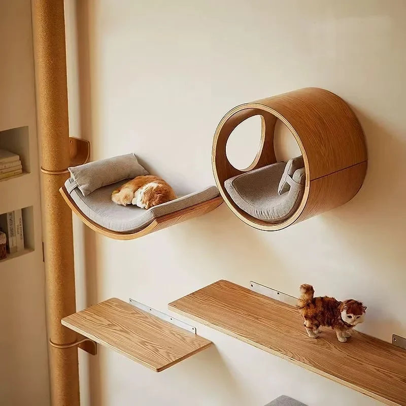 Wall-Mounted Wooden Cat Climbing Shelf with Sisal Scratching Post