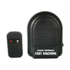 A black remote controlled fart machine device with a button and a textured body.