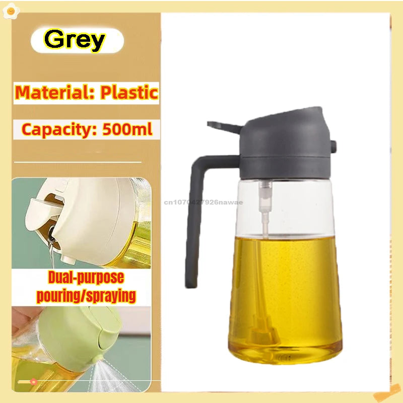 A grey plastic dual-purpose pouring and spraying oil bottle filled with yellow cooking oil.