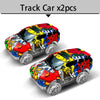 Two black and silver track cars with colorful dinosaur and racing decals shown from the side.