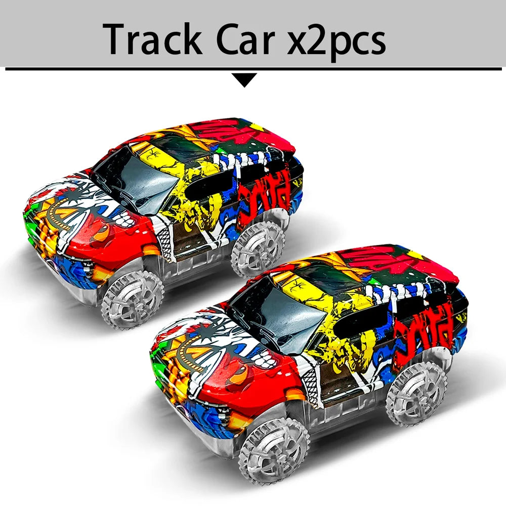Two black and silver track cars with colorful dinosaur and racing decals shown from the side.
