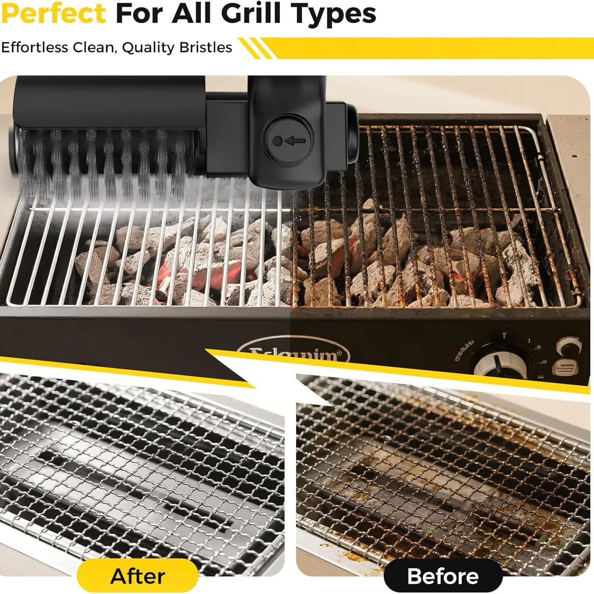 A black cordless electric grill brush is shown cleaning a grill grate, with close-ups of the brush and the cleaned grate.