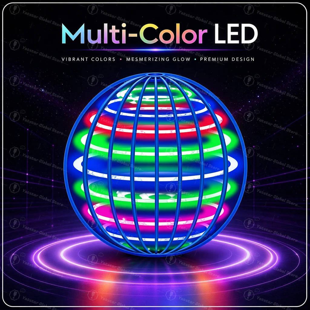 A multi-color LED flying ball with vibrant lights spinning on a purple background.