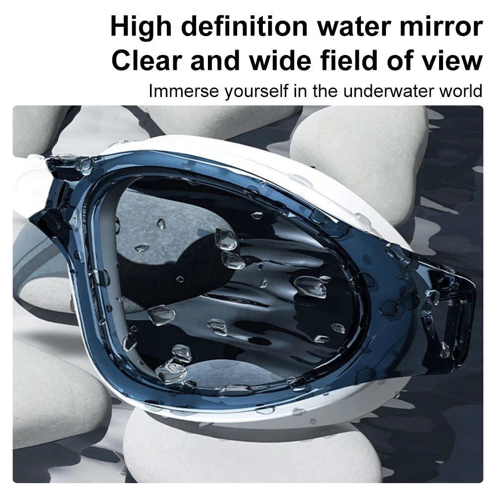 Un par de gafas de natación azules espejo sobre una superficie blanca.