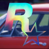 A close-up of a red car with a translucent rainbow R star vinyl decal applied to the body.