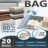 A collection of twenty vacuum storage bags in various sizes, including jumbo, large, medium, small, and travel roll up bags, 