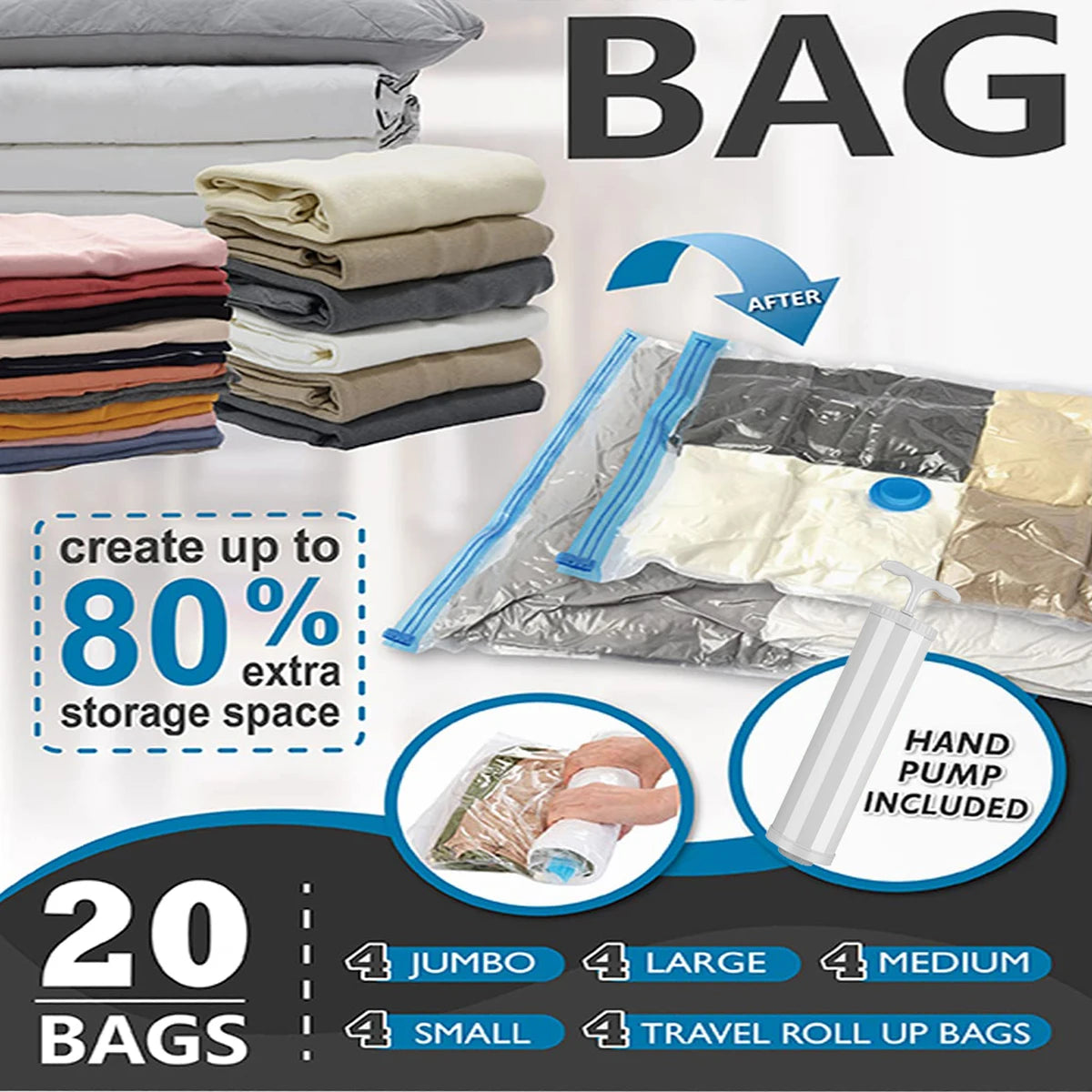 A collection of twenty vacuum storage bags in various sizes, including jumbo, large, medium, small, and travel roll up bags, 