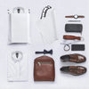 A collection of self-adhesive waterproof mailing bags, a watch, a wallet, and leather shoes.