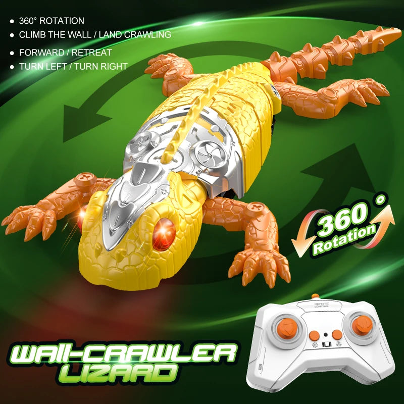 A yellow and silver remote control wall-crawling lizard toy demonstrating 360 rotation features.