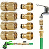 A set of brass garden hose quick connect fittings and a green hose connector.