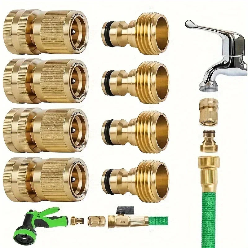 A set of brass garden hose quick connect fittings and a green hose connector.