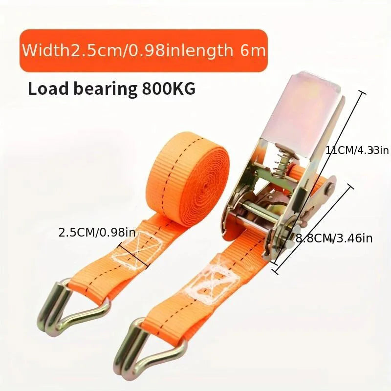 Orange heavy-duty ratchet tie-down straps with metal buckles and adjustable length.