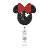A red and black Minnie Mouse themed badge reel with a nurse design and retractable ID holder.