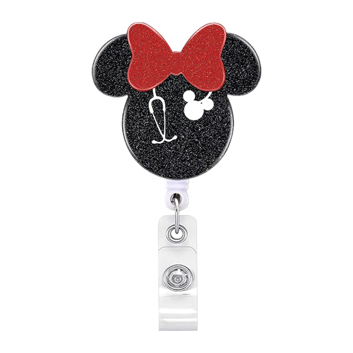 A red and black Minnie Mouse themed badge reel with a nurse design and retractable ID holder.