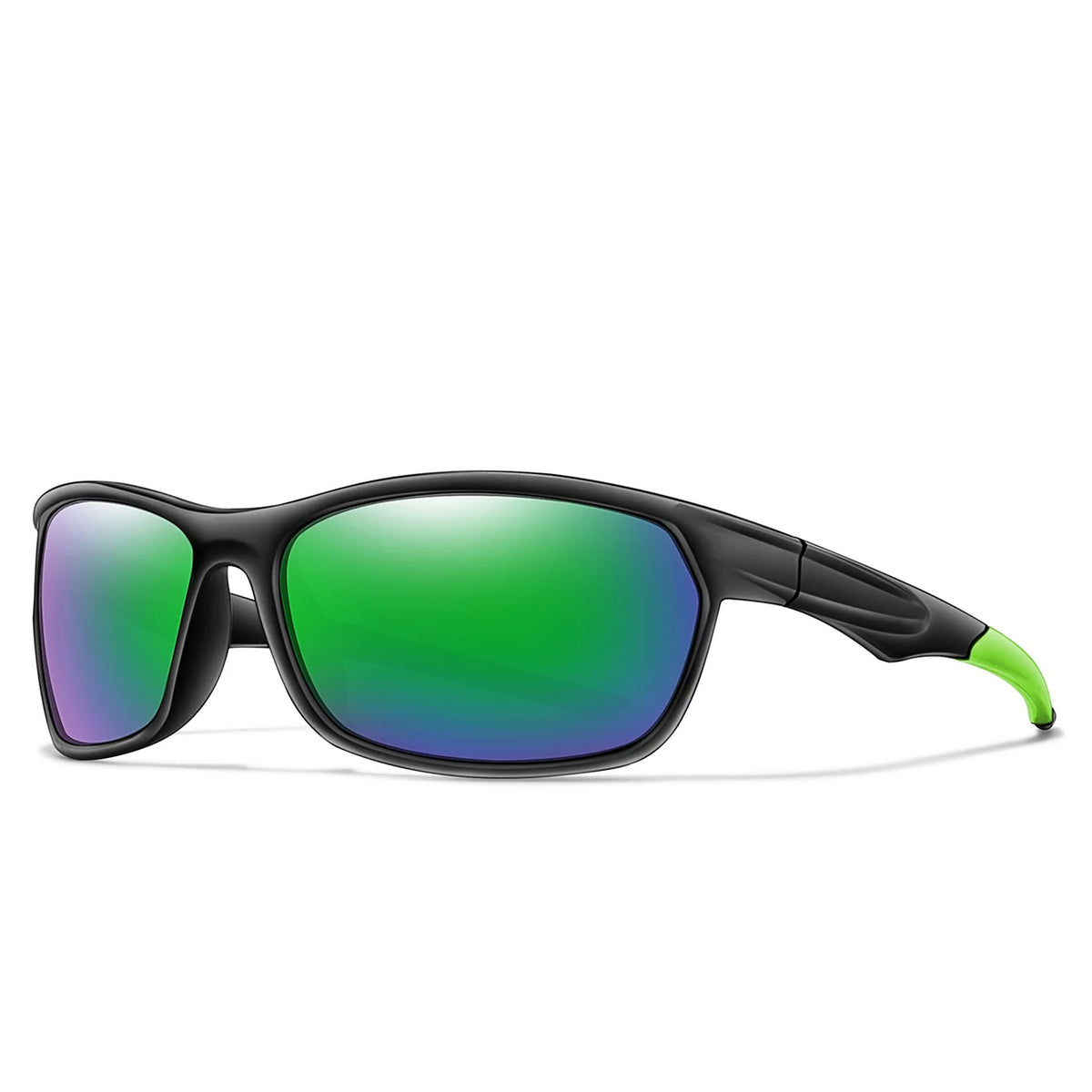 A pair of black polarized sports sunglasses with bright green mirrored lenses.