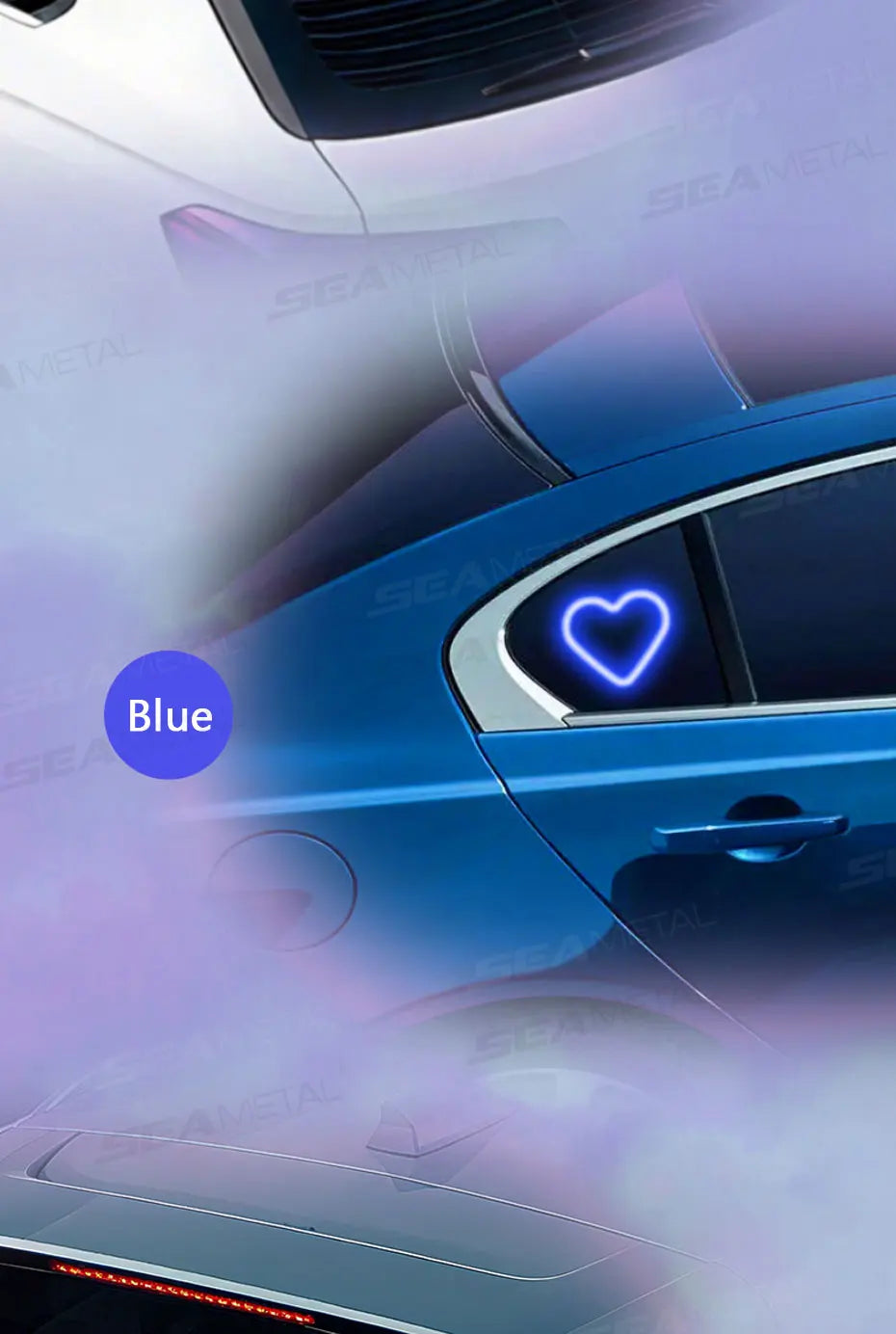A blue car interior showing a heart-shaped ambient light feature.