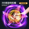 A hand is spinning a double-ended LED lightsaber with telescopic blades, creating a bright purple and yellow light effect.