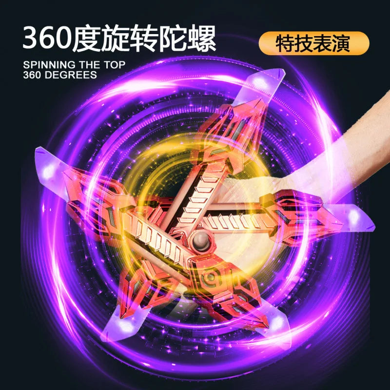 A hand is spinning a double-ended LED lightsaber with telescopic blades, creating a bright purple and yellow light effect.