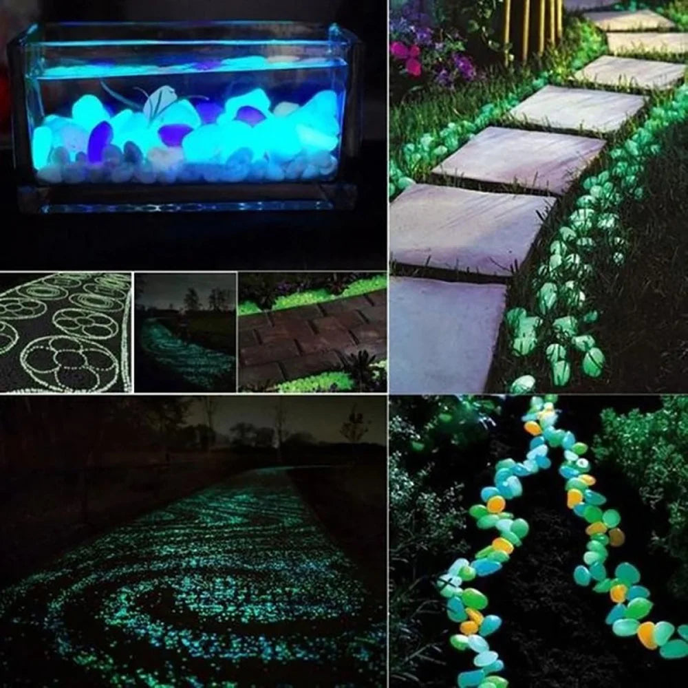 Glow-in-the-dark resin pebbles used for garden and aquarium decor, displayed in a tank and along a pathway.
