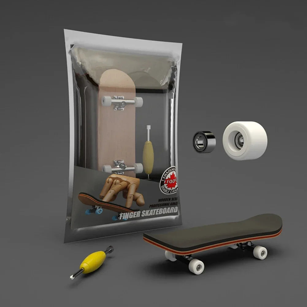 A wooden finger skateboard is shown in packaging, along with a skateboard and a roller skate component.