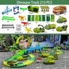 A set of dinosaur track and climbing race track toys featuring various dinosaurs and green vehicles on a wooden platform.