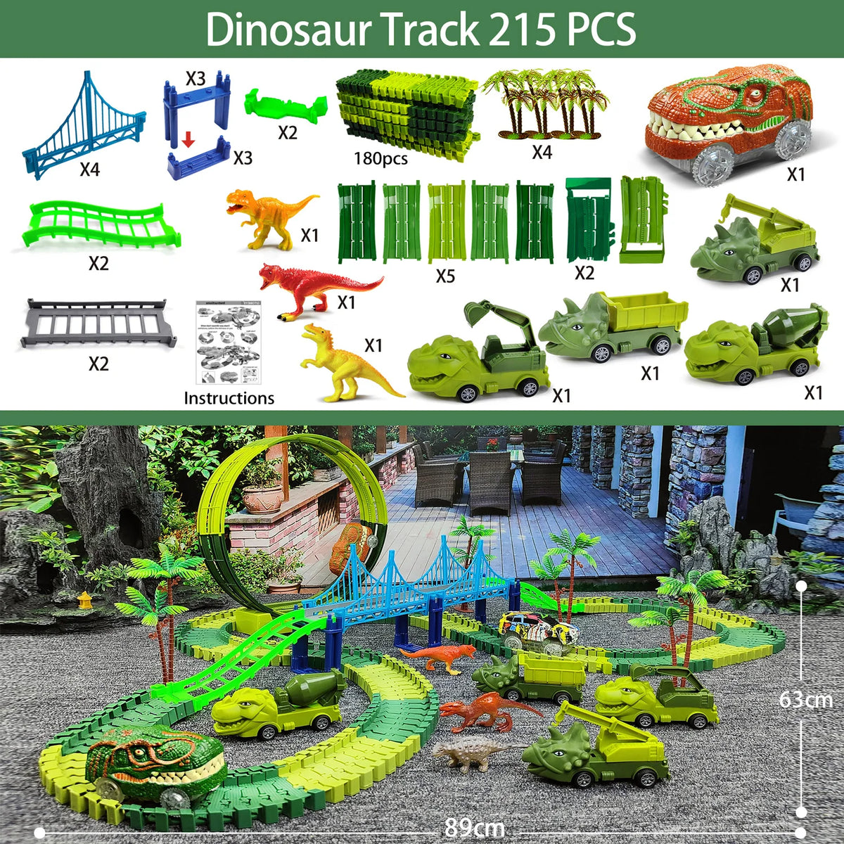 A set of dinosaur track and climbing race track toys featuring various dinosaurs and green vehicles on a wooden platform.