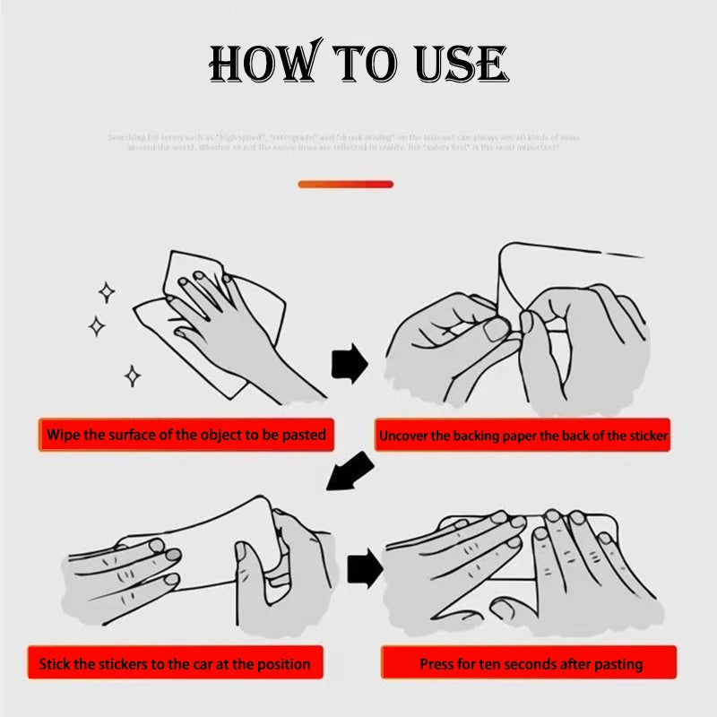 Diagram showing how to use reflective car safety strips by wiping the surface, uncovering the backing paper, sticking the str