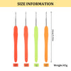 A set of four precision crochet hooks in orange, green, and yellow, showing various sizes and dimensions.
